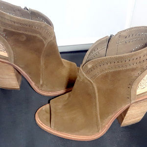 Vince Camuto Koral Block Heel Open Toe Booties Brown Suede Zip Up Size 4.5M